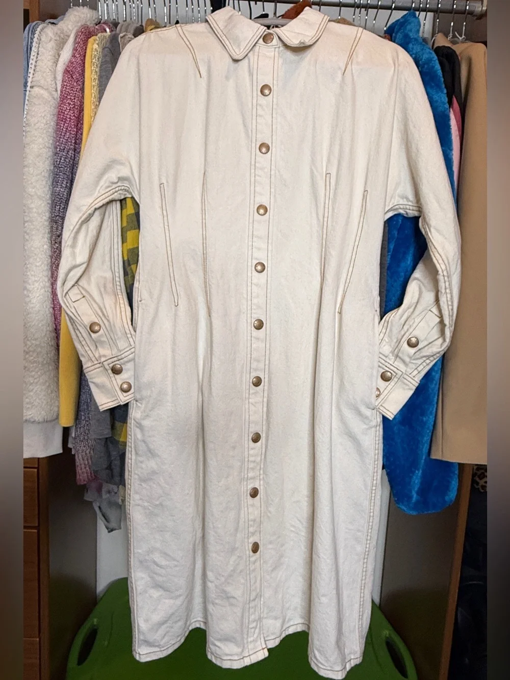 Tory Burch Denim Like Cream Color Full Front Snap Closure Shirt Dress | EUC